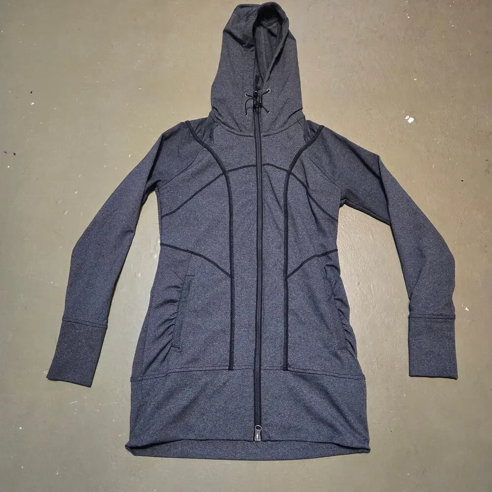 Athleta Risi Yoga Fitted Hooded Athletic Full Zip Jacket in Dark‎ Gray Size XS